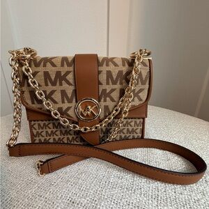 Michael Kors Vintage MK Monogram Chain Flap Shoulder Bag Brown Gold Hardware